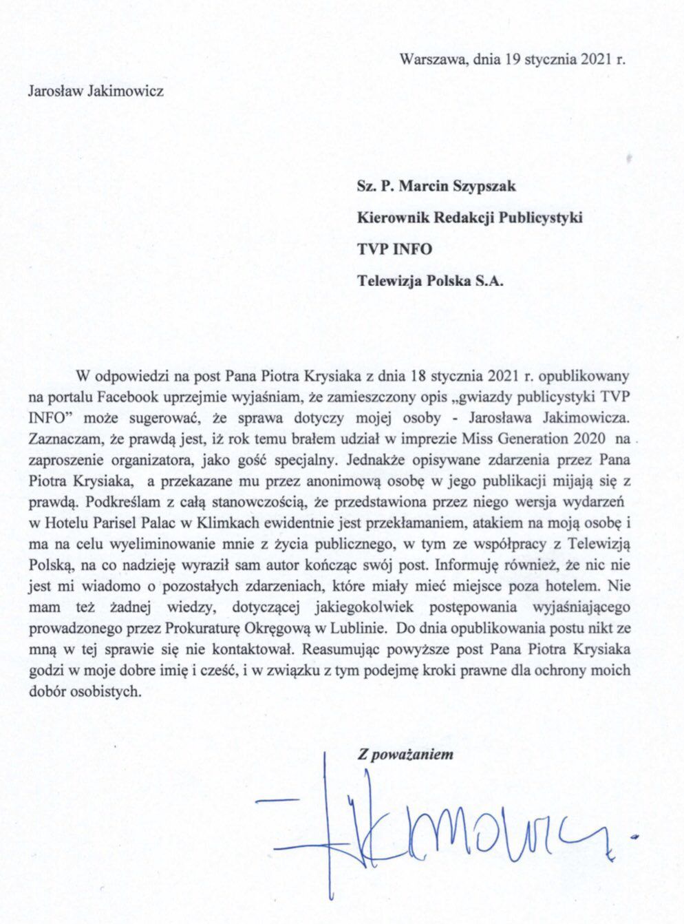Jarosław Jakimowicz - oświadczenie