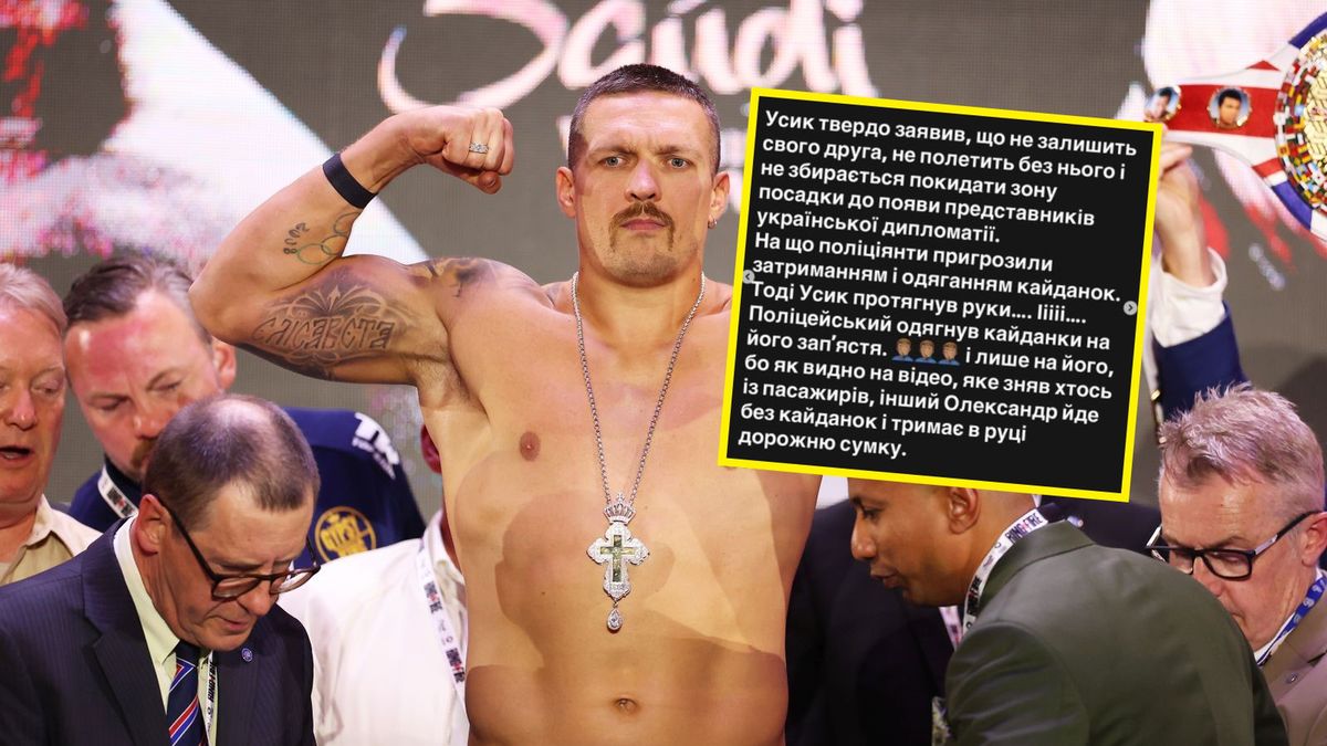 Getty Images / Richard Pelham/www.instagram.com/alex.krassyuk/ / Na zdjęciu: Ołeksandr Usyk, na małym zdjęciu: fragment oświadczenia Aleksandra Krasiuka