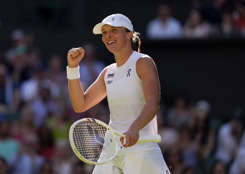 Iga Swiatek celebrates victory over Belinda Bencic following Ladies' Singles match on day eleven of the 2025 Wimbledon Championships at the All England Lawn Tennis and Croquet Club, London. Picture date: Thursday July 10, 2025. (Photo by Jordan Pettitt/PA Images via Getty Images)