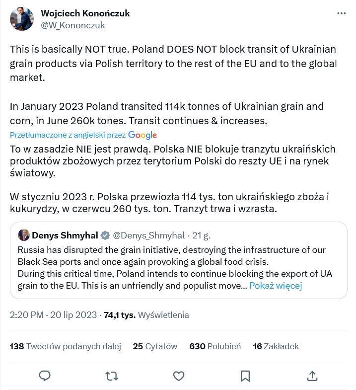 Polska zgadza się na tranzyt ukraińskiego zboża - przekonuje dyrektor OSW
