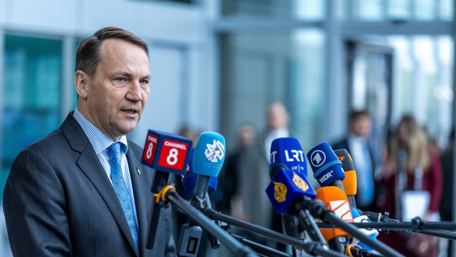 BRUSSELS, BELGIUM - APRIL 03: Radosław Sikorski, Minister of Foreign Affairs of Poland, speaks to the press after his arrival at NATO headquarters on the first day of the NATO Foreign Ministers' Meeting on April 03, 2024 in Brussels, Belgium. The meeting of foreign ministers from NATO countries coincided with the 75th anniversary of the alliance's founding. (Photo by Omar Havana/Getty Images)