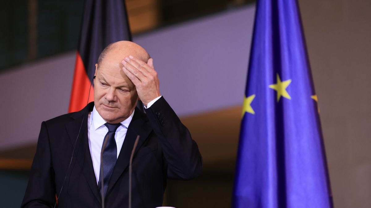 Olaf Scholz, Germany's chancellor, during a joint news conference with Gabriel Attal, France's prime minister, at the Chancellery in Berlin, Germany, on Monday, Feb. 5, 2024. A poll in January by Elabe for Les Echos found Attal to be the second-most popular politician in France, with a 39% score, trailing only former Prime Minister Edouard Philippe and just ahead of National Rally leader Marine Le Pen. Photographer: Krisztian Bocsi/Bloomberg via Getty Images