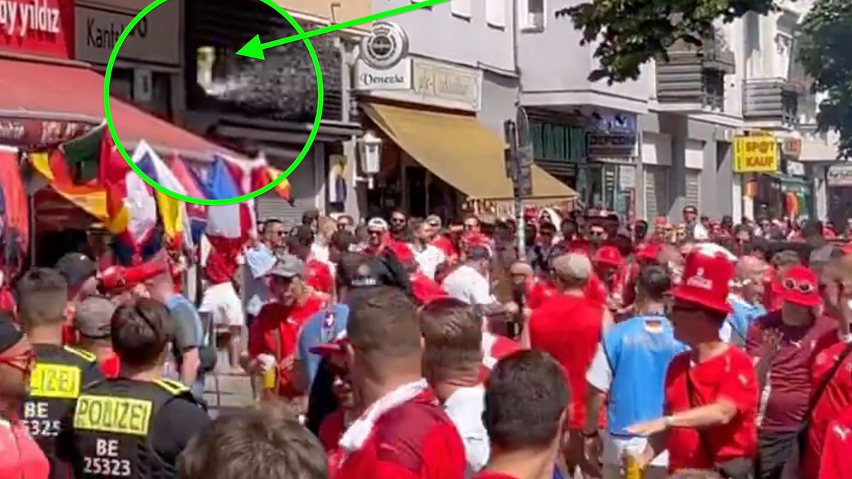 Zdjęcie okładkowe artykułu: Twitter / X/Axel Lier / Przemarsz kibiców Szwajcarii nie do końca był kontrolowany. W pewnym momencie w kierunku sklepu z flagami poleciały butelki.