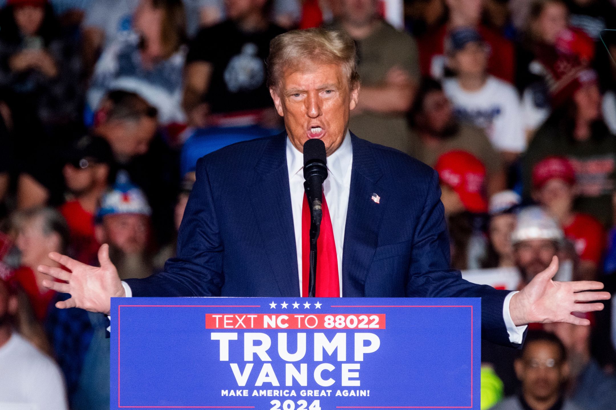 Donald Trump Campaigns In North CarolinaFormer US President Donald Trump during a campaign event in Greensboro, North Carolina, US, on Tuesday, Oct. 22, 2024. Trump touted his pledge to provide tax breaks for purchasing cars, highlighting that the benefit would only apply to vehicles made in the US as he rallied voters in a crucial swing state with just two weeks until Election Day. Photographer: Cornell Watson/Bloomberg via Getty ImagesBloombergnorth carolina, elections, us, united states of america, uselection2024, americas, gop, campaigns, campaigning, greensboro, us presidential elections, north american, u.s. republican party, u.s.a., american, republican, 2024uspolitics, u.s. government, government news, campaign
