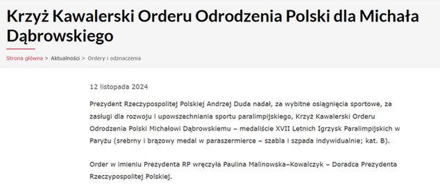 Informacja o odznaczeniu Michała Dąbrowskiego przez Andrzeja Dudę