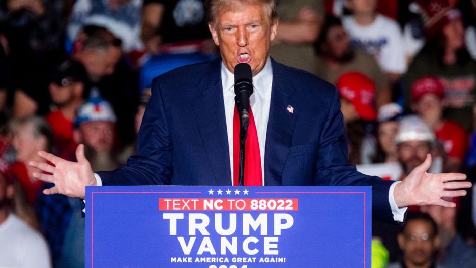 Donald Trump Campaigns In North Carolina
Former US President Donald Trump during a campaign event in Greensboro, North Carolina, US, on Tuesday, Oct. 22, 2024. Trump touted his pledge to provide tax breaks for purchasing cars, highlighting that the benefit would only apply to vehicles made in the US as he rallied voters in a crucial swing state with just two weeks until Election Day. Photographer: Cornell Watson/Bloomberg via Getty Images
Bloomberg
north carolina, elections, us, united states of america, uselection2024, americas, gop, campaigns, campaigning, greensboro, us presidential elections, north american, u.s. republican party, u.s.a., american, republican, 2024uspolitics, u.s. government, government news, campaign