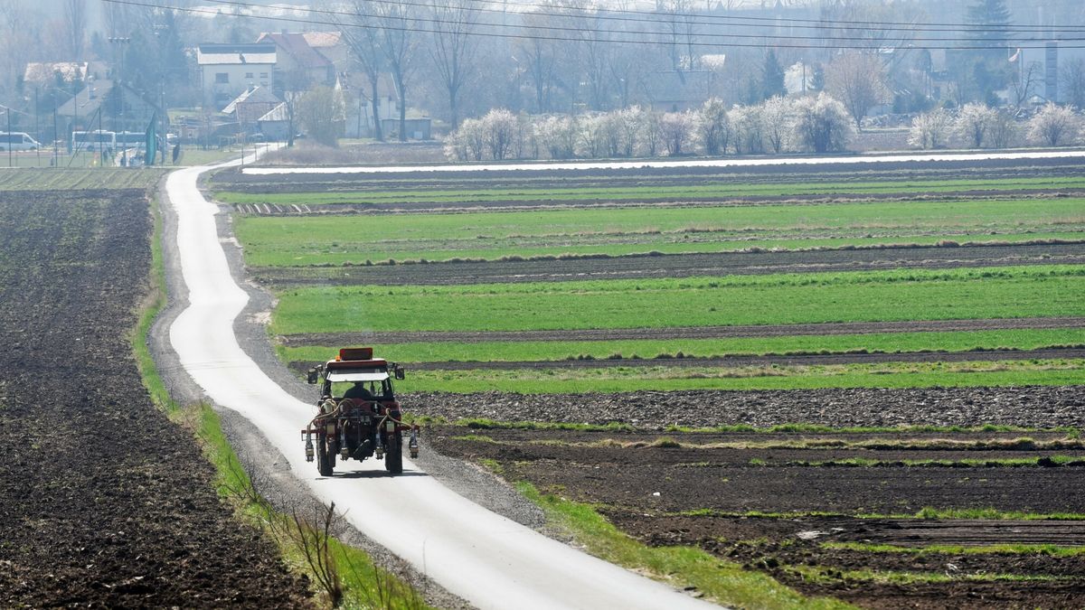 Wiosenne prace polowe na polach nowohuckich14.04.202 Krakow- Nowa Huta.  N/z Nowohuckie pola uprawne wiosna. Wiosenne prace polowe.  Fot. M.Lasyk/REPORTERM.Lasyk/REPORTER