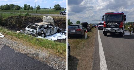 Kolizja na S7 pod Kmiecinem. Zderzyły się cztery auta, jedno spłonęło