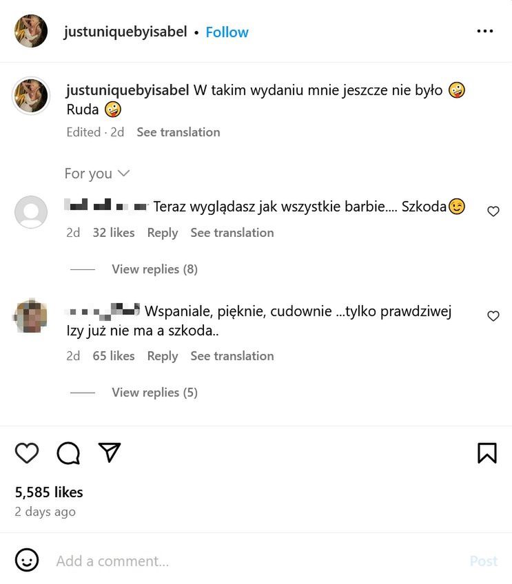 Komentarze pod zdjęciem metamorfozy Izabeli Macudzińskiej