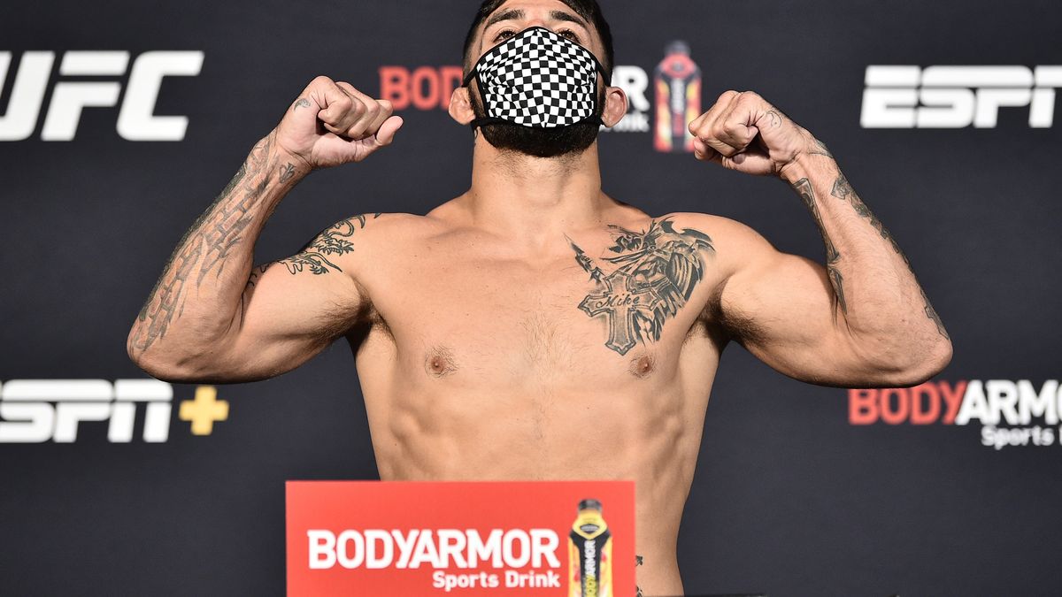 LAS VEGAS, NEVADA - JUNE 26: In this handout image provided by UFC, Mike Perry poses on the scale during the UFC weigh-in at UFC APEX on June 26, 2020 in Las Vegas, Nevada. (Photo by Chris Unger/Zuffa LLC via Getty Images)