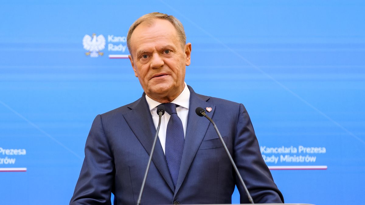 Donald Tusk, Prime Minister of Poland speaks during a press conference where Polish PM announces resignation of four ministers and nominees for the future positions in Chancellery of Polish Prime Minister in WArsaw, Poland on MAy 10, 2024. (Photo by Dominika Zarzycka/NurPhoto via Getty Images)