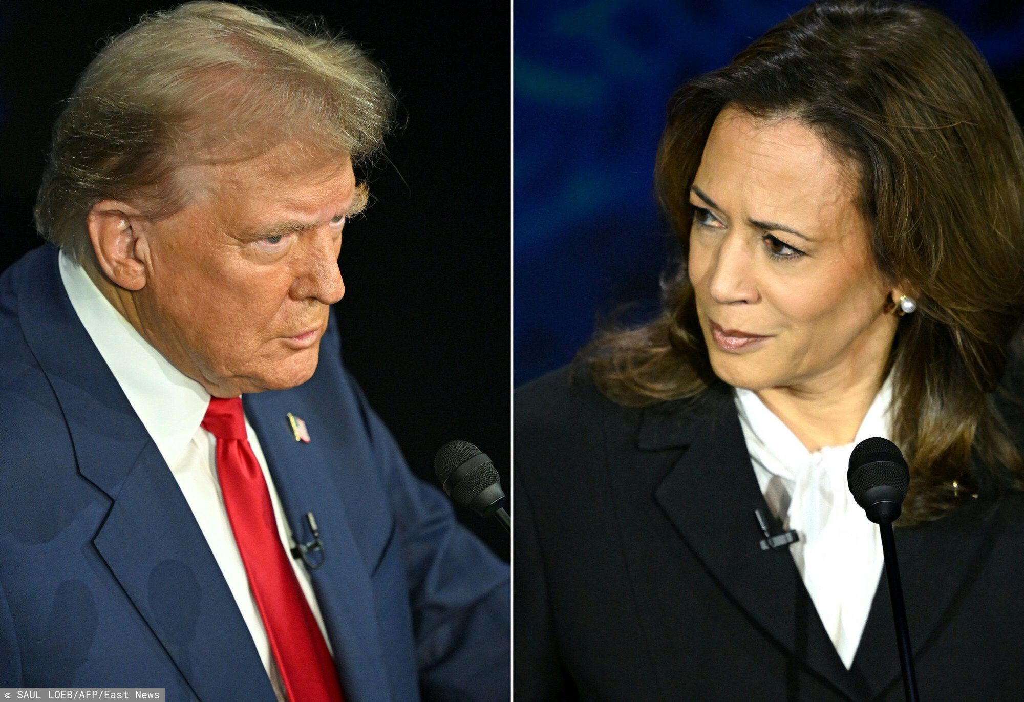 Debata prezydencka Harris - Trump
TOPSHOT - (COMBO) This combination of pictures created on September 10, 2024 shows former US President and Republican presidential candidate Donald Trump (L) and US Vice President and Democratic presidential candidate Kamala Harris  participating in a presidential debate at the National Constitution Center in Philadelphia, Pennsylvania, on September 10, 2024. 

US Vice President and Democratic presidential candidate Kamala Harris speaks during a presidential debate with former US President and Republican presidential candidate Donald Trump at the National Constitution Center in Philadelphia, Pennsylvania, on September 10, 2024. (Photo by SAUL LOEB / AFP)
SAUL LOEB
