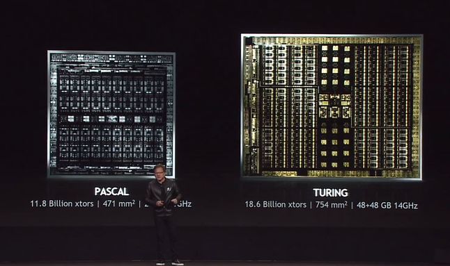 Porównanie powierzchni chipu Pascal GP102 (m.in. GeForce GTX 1080 Ti oraz Quadro P6000) i nowego Turinga. Źródło: VideoCardz