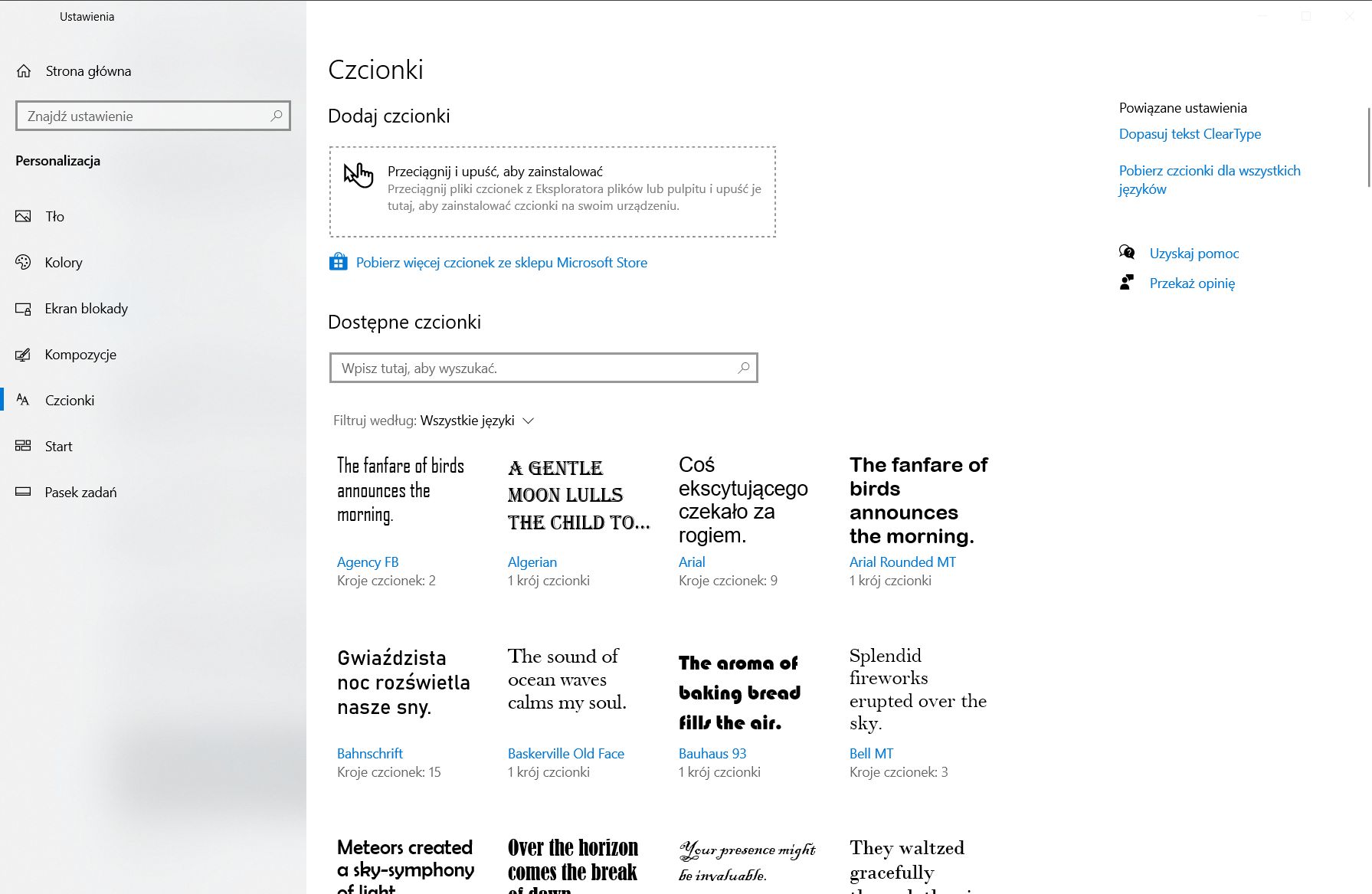 Ustawienia czcionek. Dodatkowe można pobierać z Microsoft Store.