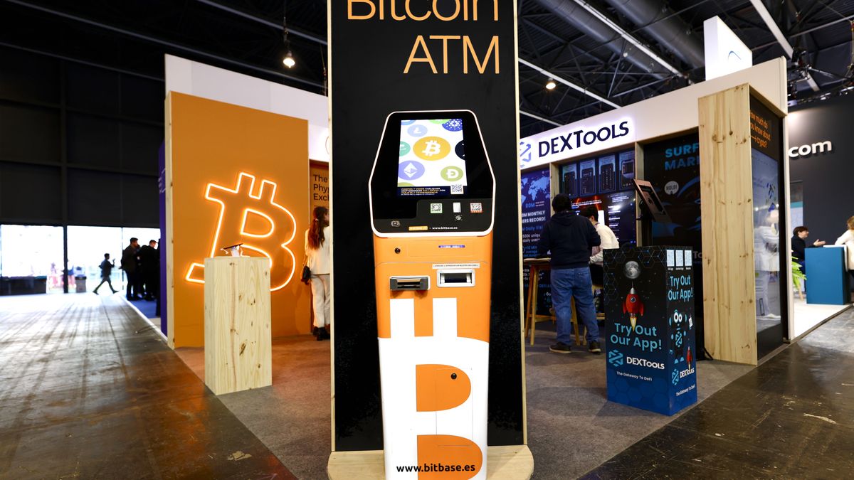 Bitcoin ATM Machine
A Bitcoin ATM, the largest cryptocurrency by market cap that operates free of any central control and that relies on a peer-to-peer software and cryptography, on the BitBase stand during the Mobile World Congress 2023 on March 10, 2023, in Barcelona, Spain. (Photo by Joan Cros/NurPhoto via Getty Images)
NurPhoto
barcelona, busines, digital, mobile fair, mobile world  congress, smart, trandeshow, background, connectivity, future, gsma, iot, mobile, telecom, intelligence of things, telecommunication, telecommunications, world, fira barcelona, device, ai, digital assets, mining, wallets, cryptography, smart contracts, altcoins, icos, fintech, regulation, tokenization, exchanges