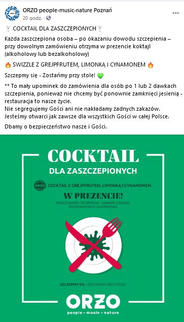 W poznańskim Orzo można otrzymać darmowego drinka. Oferta dotyczy osób zaszczepionych
