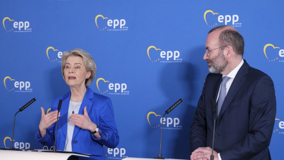 BRUSSELS, BELGIUM - FEBRUARY 21: President of the European Commission Ursula von der Leyen (L) and the President of the European People's Party, German Member of the European Parliament (Group of the European People's Party (Christian Democrats) - Christlich-Soziale Union in Bayern e.V. ) Manfred Weber  (R) are talking to media after an EPP group meeting in the European Parliament on February 21, 2023 in Brussels, Belgium. Today, the Commission President Ursula von der Leyen will join the EPP Group meeting for the first time since announcing her intention to seek a second term as President of the European Commission. (Photo by Thierry Monasse/Getty Images)