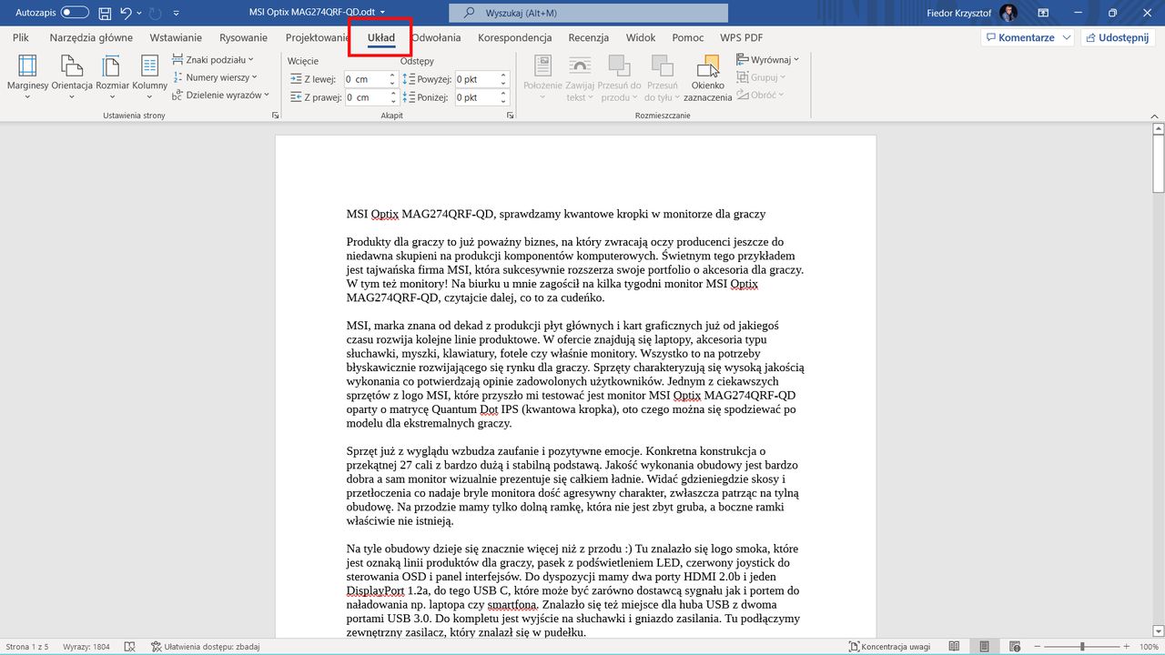 Microsoft Word: menu Układ