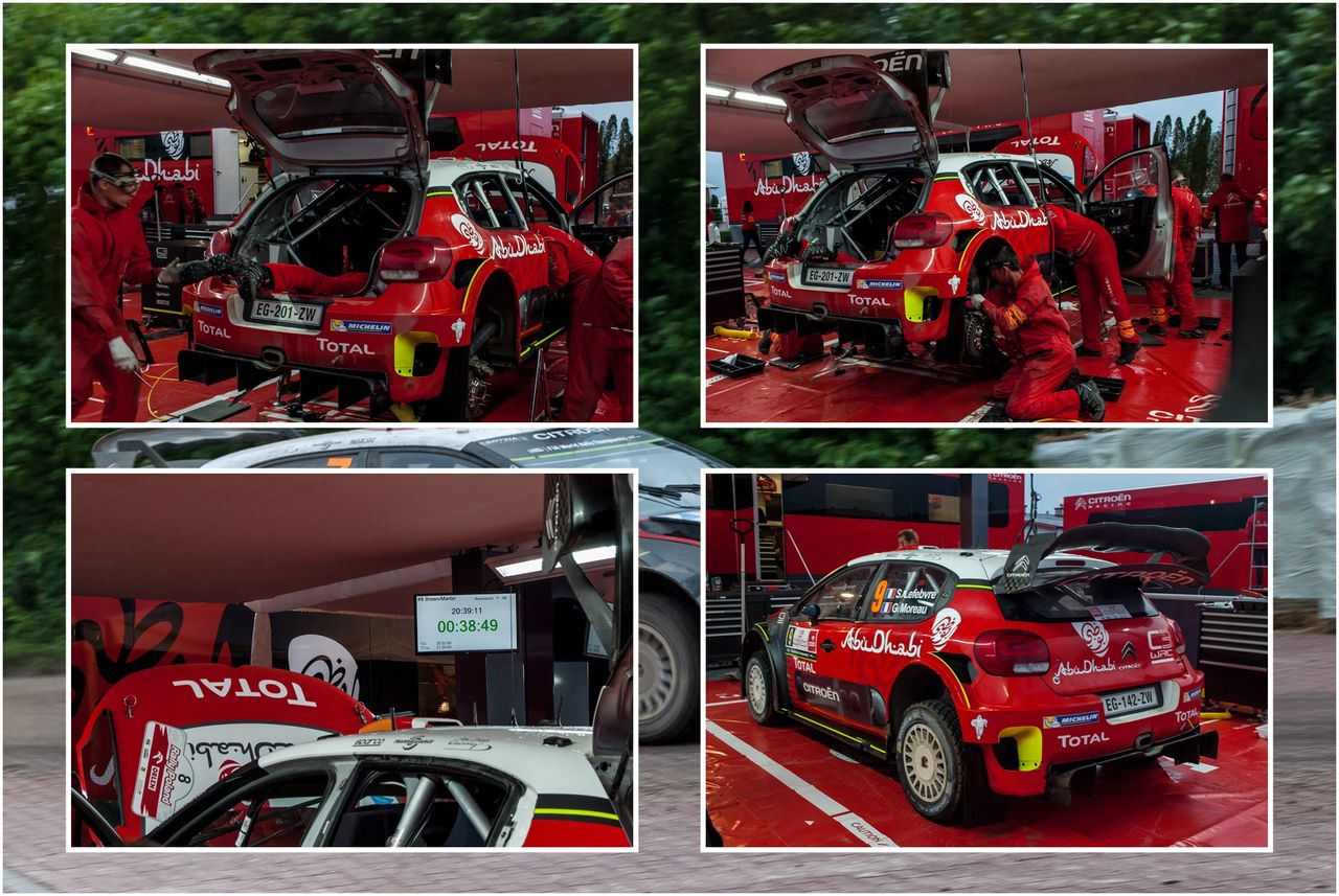 Mechanicy serwisują Citroena C3 WRC. Zegar odmierza 45 minut przewidziane na serwis. Warto zwrócić szczególną uwagę na mechanika pracującego w bagażniku.