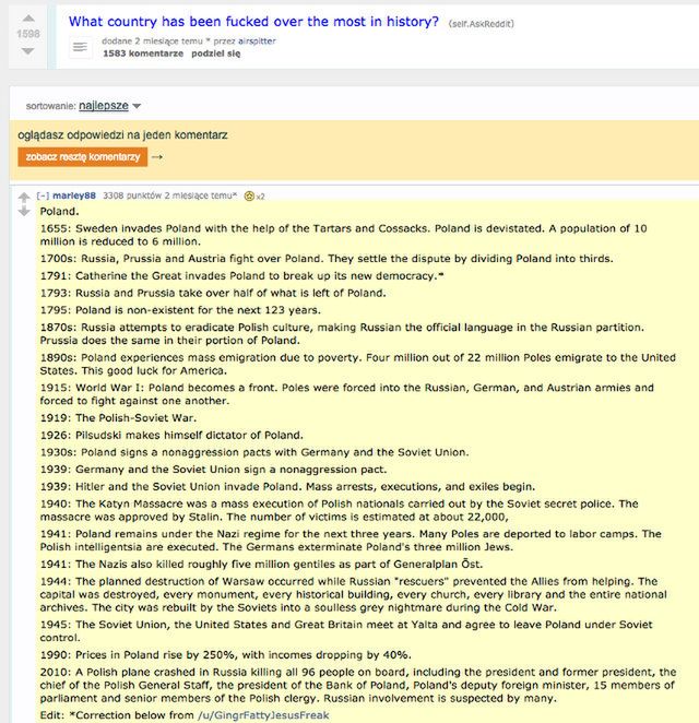Czytaliście już najlepszy komentarz roku na Reddicie? Dotyczy historii Polski! 2