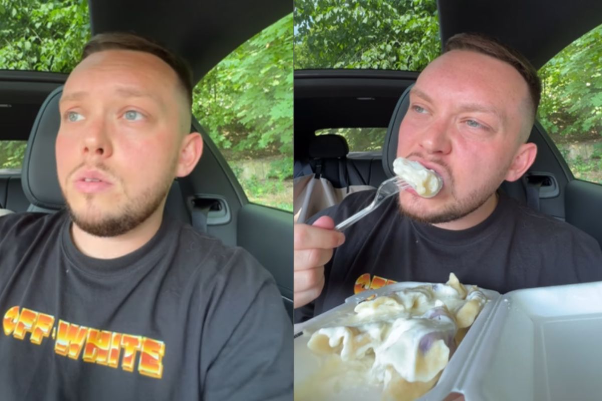 Książulo testuje jedzenie w barze przy komendzie w Sopocie 