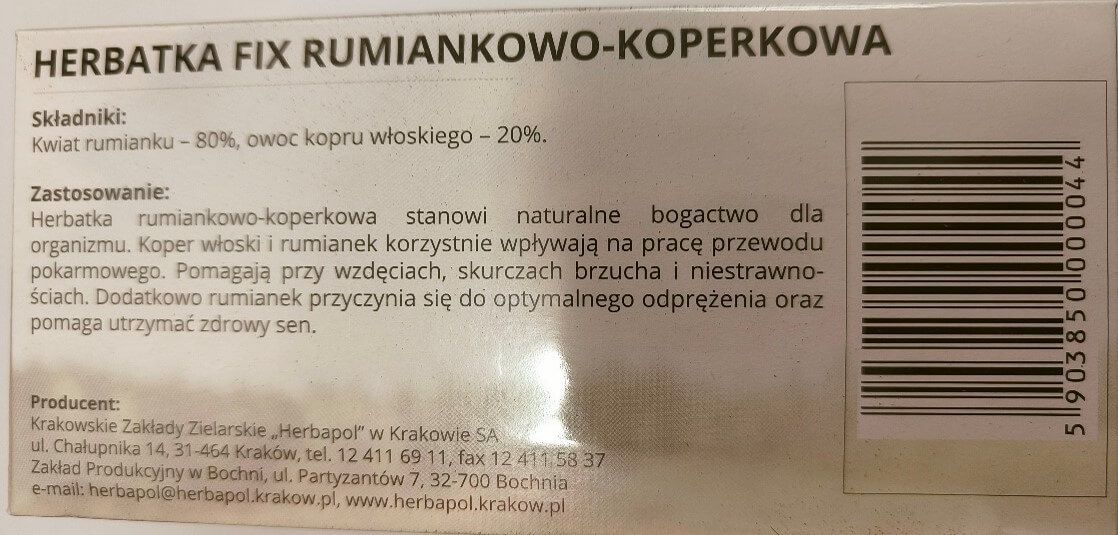 Skład herbatki rumiankowej z opakowania