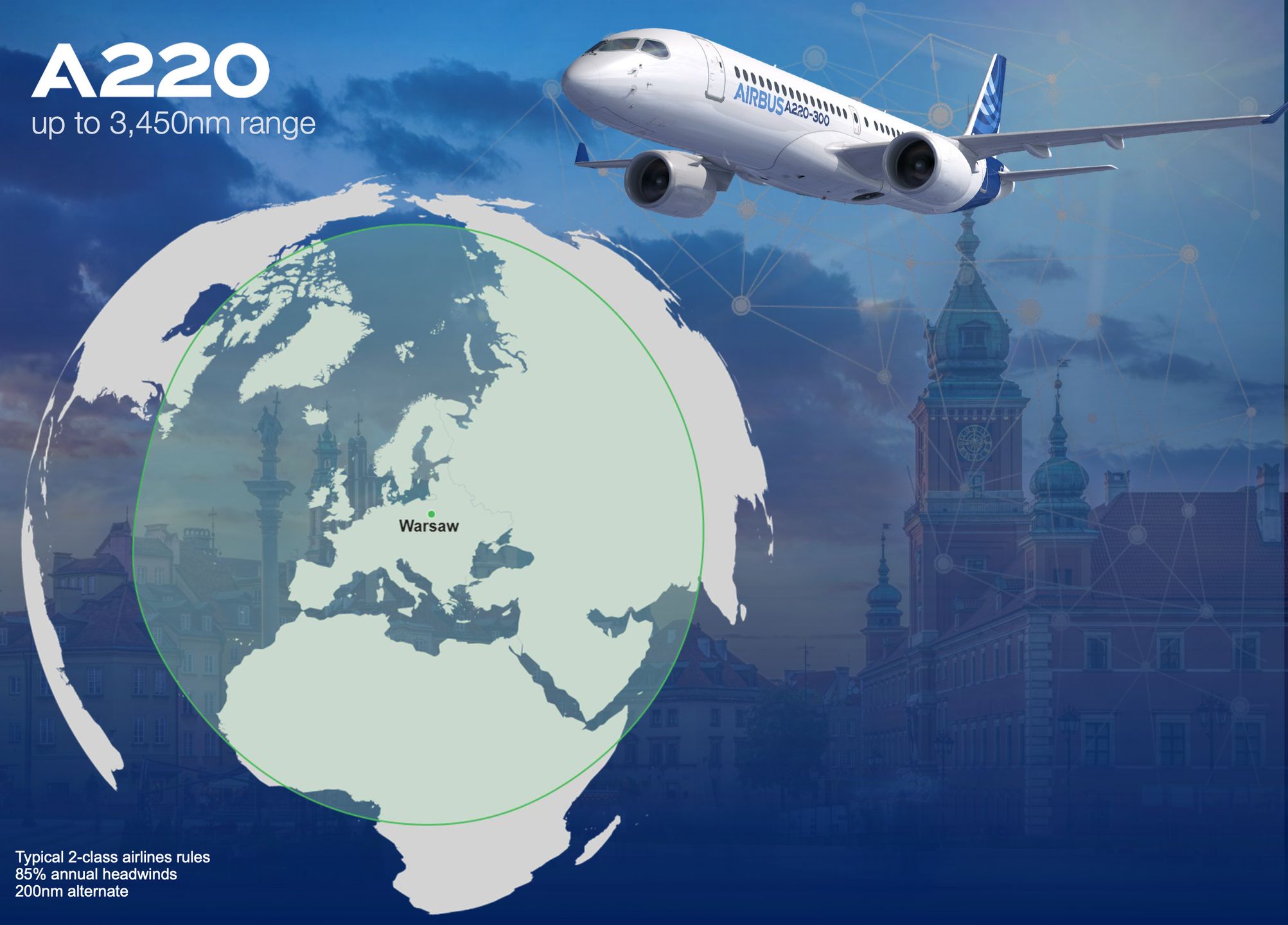 Fragment prezentacji Airbusa dla polskich dziennikarzy. Zasięg samolotu A220 z Warszawy