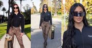 "Alternatywna" Kim Kardashian we wzorzystych spodniobutach i PAPIEROWĄ TORBĄ w dłoni walczy o uwagę na pokazie Balenciagi (ZDJĘCIA)