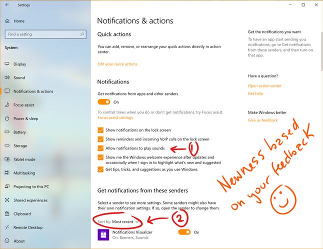 Nowości w ustawieniach powiadomień, w tym sortowanie od najnowszych, źródło: Windows Blog.