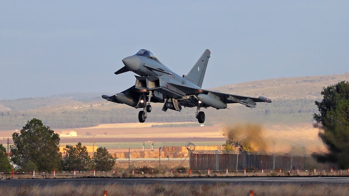 Tactical Leadership Programme Albacete
A Eurofighter EF-2000 Typhoon of the Luftwaffe (German Air Force) lands at Los Llanos airport during the Tactical Leadership Programme in Albacete, Spain, on November 21, 2024. (Photo by Joan Valls/Urbanandsport /NurPhoto via Getty Images)
NurPhoto
luftwaffe, european fighter, ef-2000, german air force, aviation, aircraft, albacete, military aircraft, los llanos airport, eurofighter typhoon ef2000, landing, photography., training program, defense, spanish airport, photo, otan, aeronautics, fighter jet, november 21, aerospace, joan valls, tlp, nurphoto, aircraft landing, tactical training, eurofighter, fighter aircraft, 31-05, urbanandsport, tactical leadership programme, albacete airport los llanos, leadership program