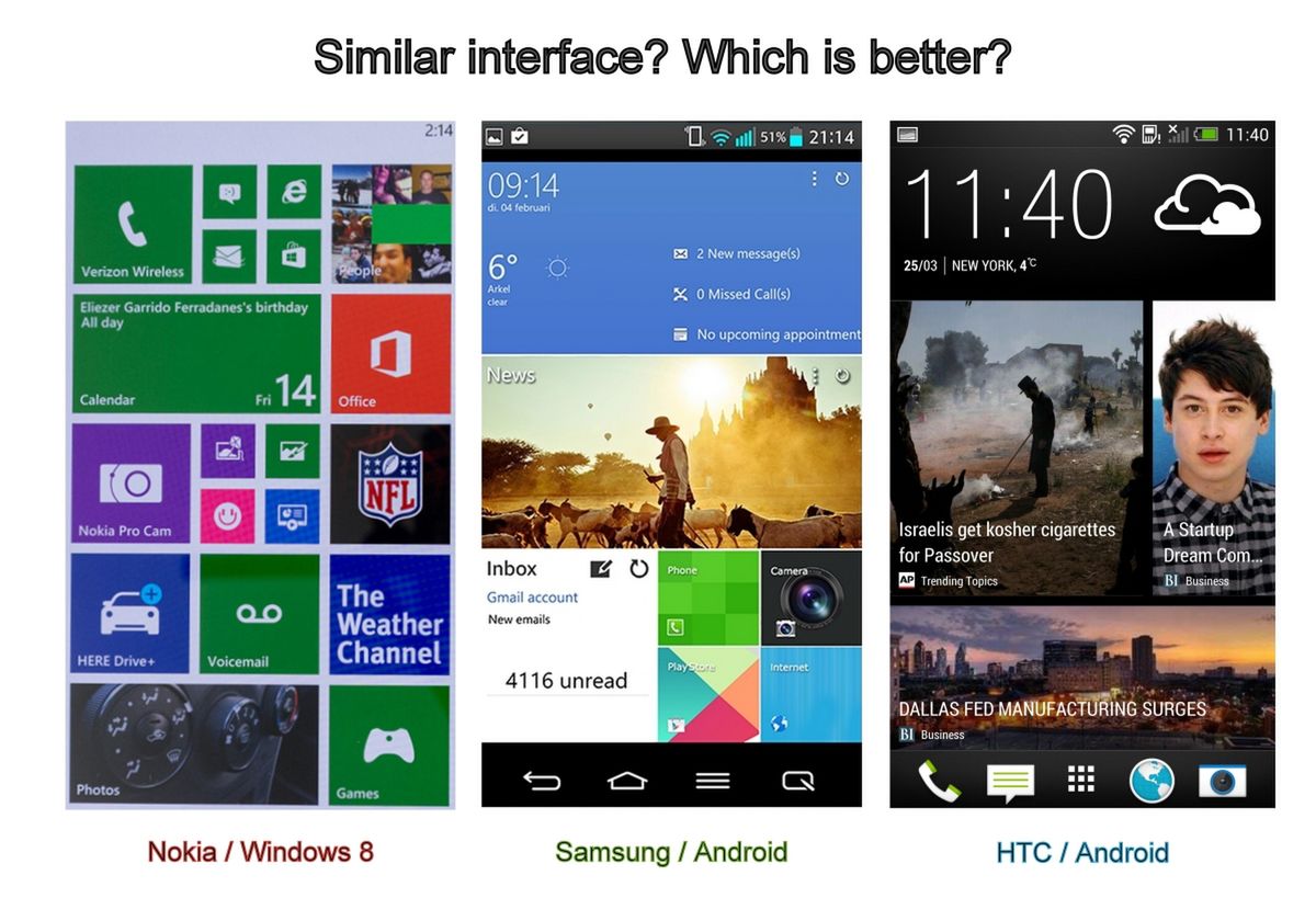 Porównanie wyglądu interfejsu kafelkowego różnych marek smartfonów.