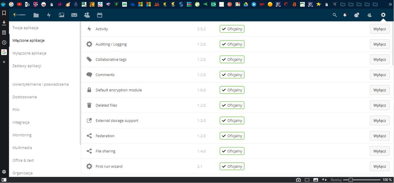 widok zarządzania aplikacjami dla nextcloud - jest bogato