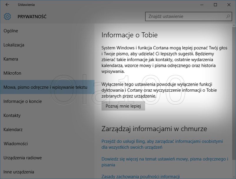 Włączanie i wyłączanie lepszego rozpoznawania Twojego głosu i pisma