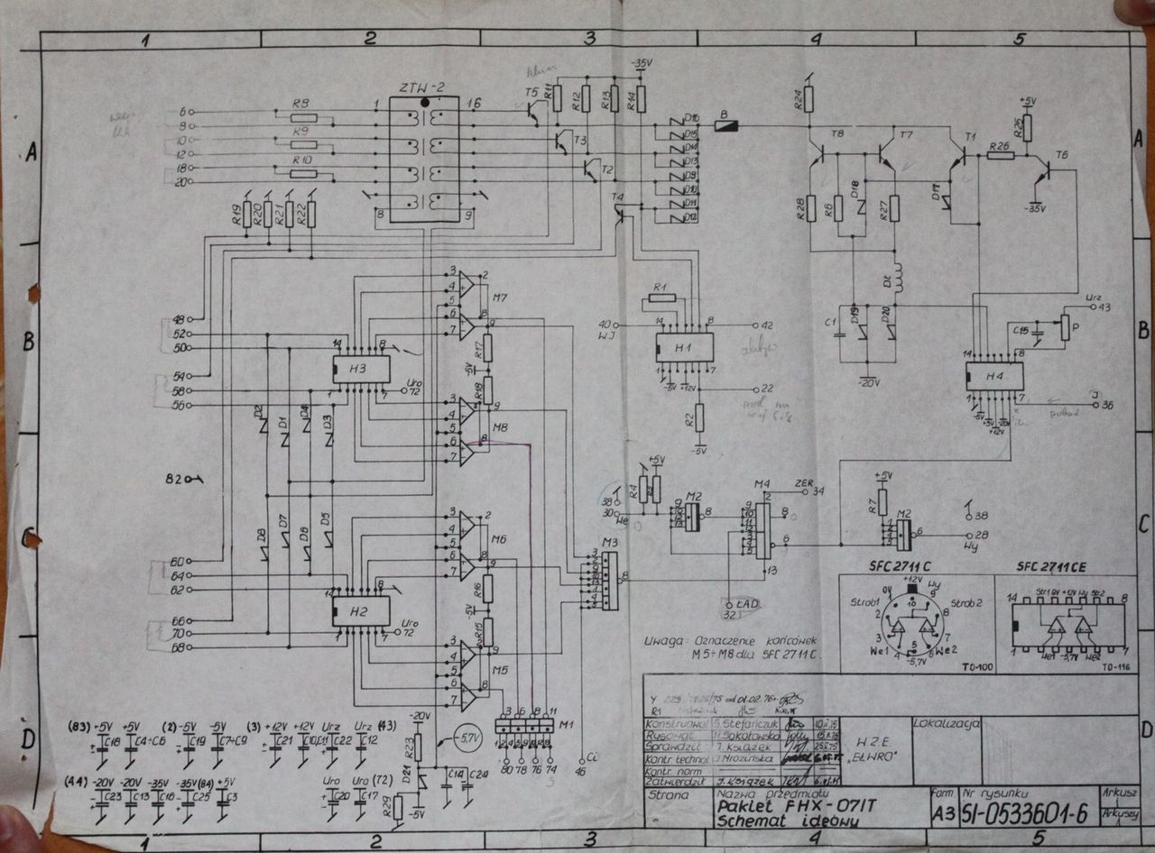 Schemat jednego z pakietów Odry 1305. Pakiet FHX-071T. W prawym dolnym rogu układ SFC2711CE (odpowiednik Texas Instruments SN72711.