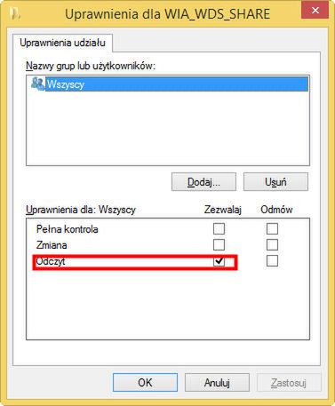 udostępnianie folderu WIA_WDS - okno udostępnianie - uprawnienia