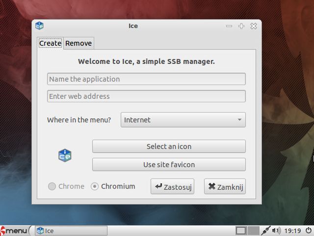 PepperMint OS - okno kreatora dodawania aplikacji webowych Ice