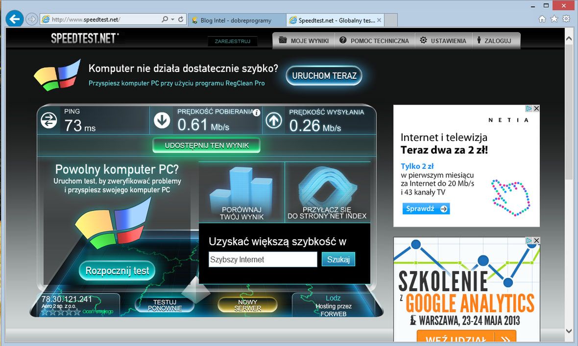 610/260 Kb/s pozwala na swobodne serfowanie, ping 73ms też nie jest zły