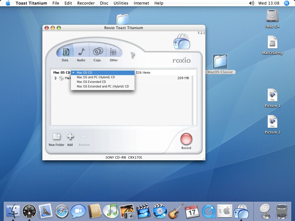 Roxio Toast w wersji 5.x umożliwia nagrywanie płyt w formacie Mac OS CD rozpoznawalnym przez zabytkowe systemy Mac OS.