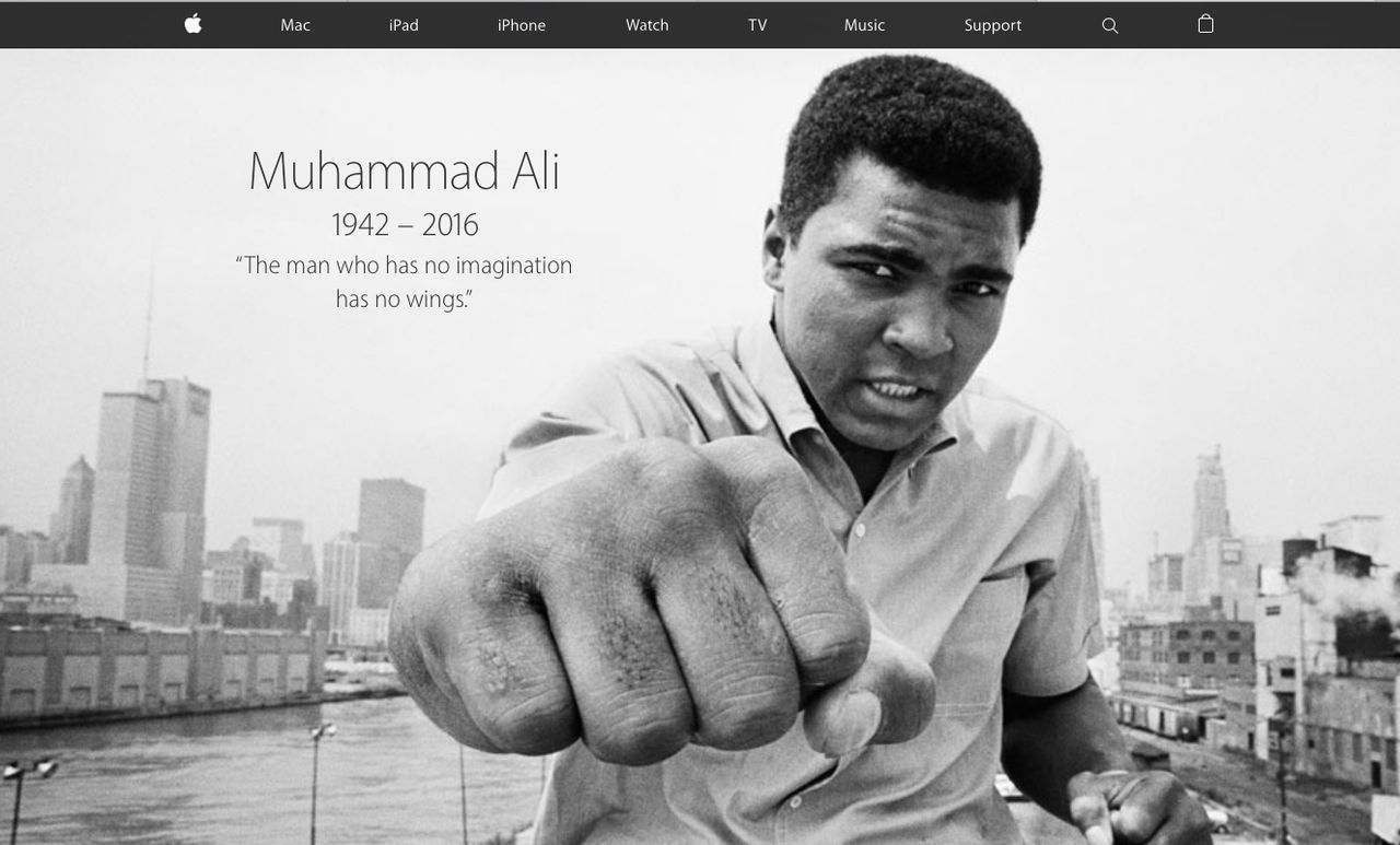 od dnia 5 czerwca 2016 roku, Muhammad Ali pojawił się na stronie głównej Apple.