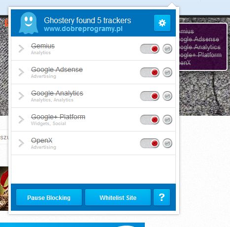 Zarządzanie sledzących nas wytryn za pomocą dodatku Ghostery