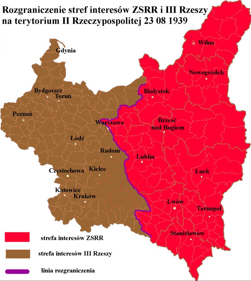 Podział Polski między ZSRR i III Rzeszę wg. tajnego protokołu paktu Ribbentrop-Mołotow