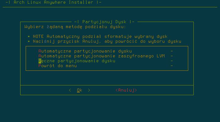 Ręczne partycjonowanie nie działa w instalatorze polskim. Należy wówczas użyć angielskiej wersji. Nie ma co się dziwić, skoro program próbuje zrobić coś z /dev/Dysk...