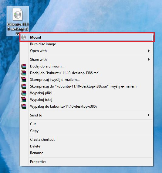 Krok II - Kliknij prawym przyciskiem myszki na plik i wybierz Montuj (Mount)
