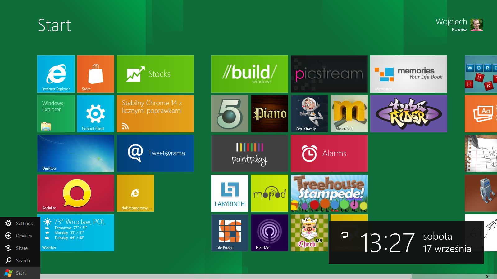 Ekran po skierowaniu myszy w lewy-dolny róg...