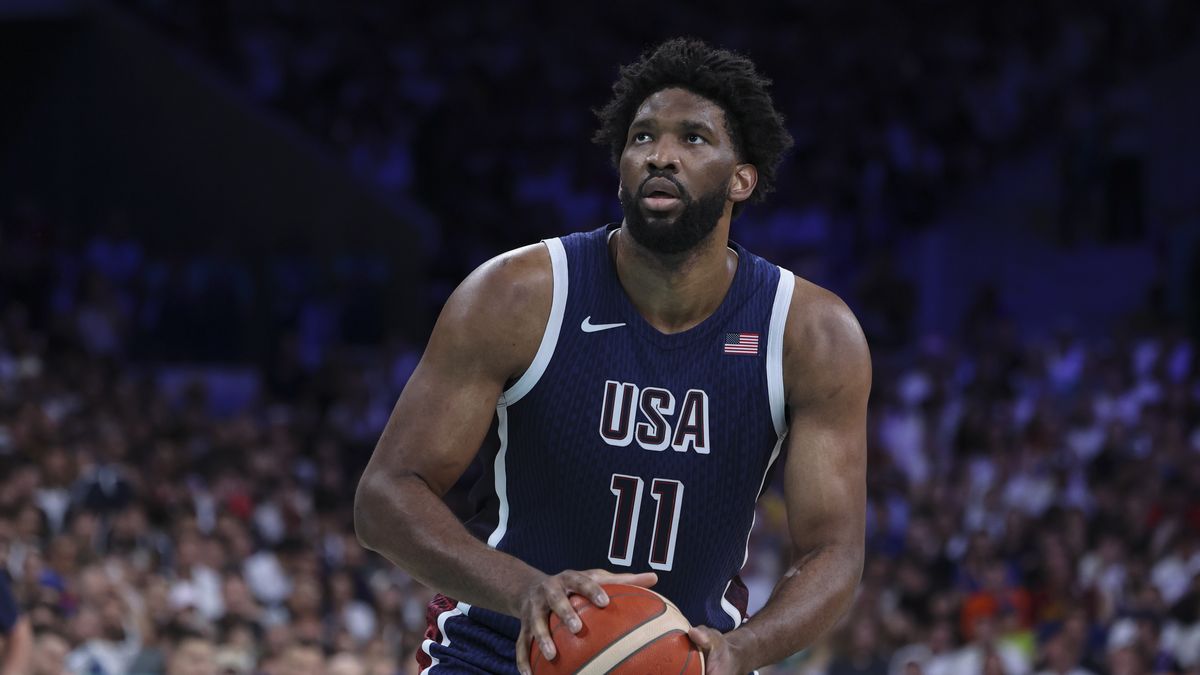 LILLE, FRANCE - JULY 28: Joel Embiid #11 of Team USA shoots a free throw during the Men's Group Phase - Group C match between Serbia and USA on Day 2 of the Olympic Games Paris 2024 at Stade Pierre Mauroy on July 28, 2024 in Lille, France. (Photo by Catherine Steenkeste/Getty Images)