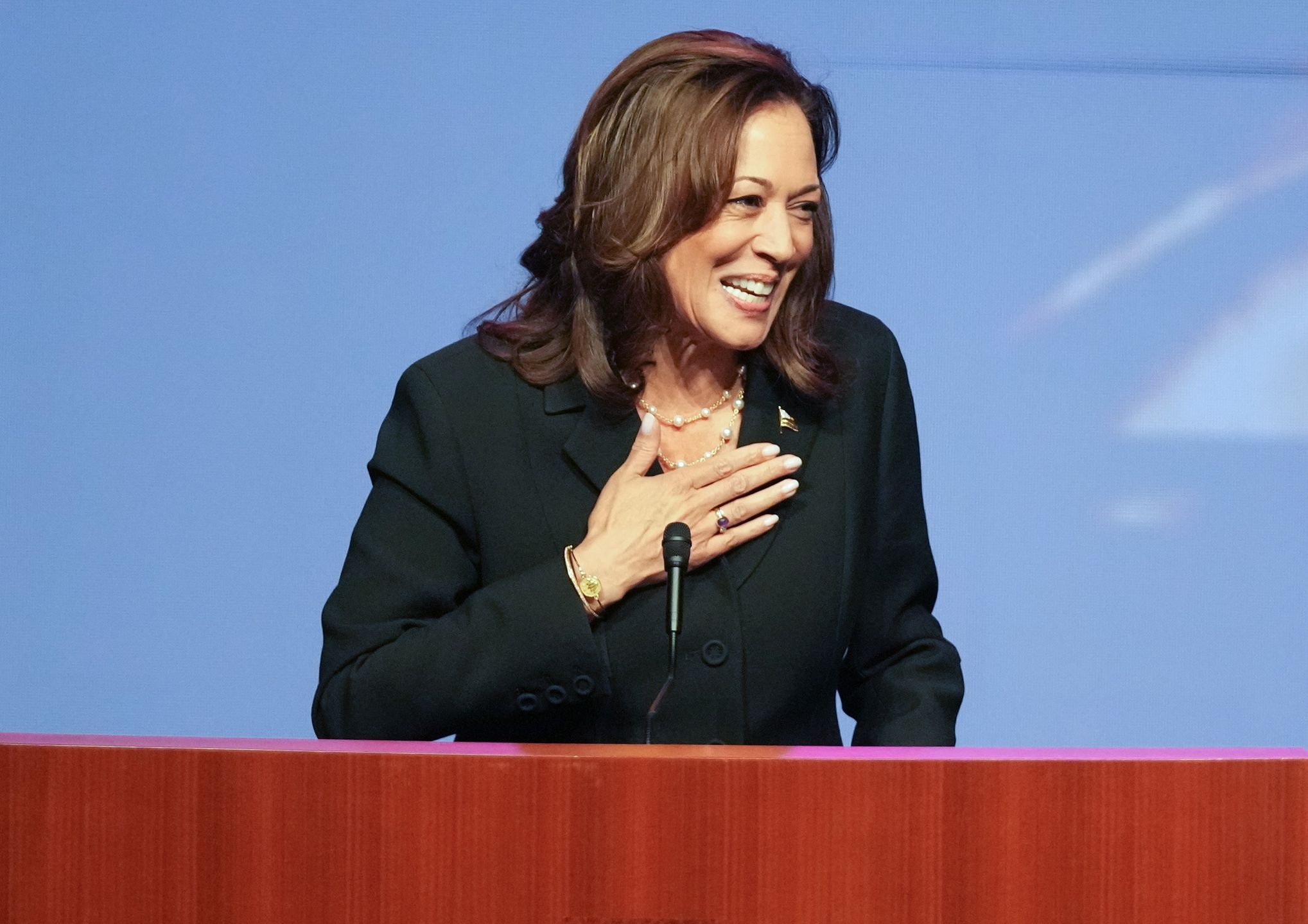 HOUSTON, TEXAS - AUGUST 1: Vice President Kamala Harris addresses attendees during a Celebration of Life Service for Sheila Jackson Lee at Fallbrook Church on Thursday, Aug. 1, 2024 in Houston. (Elizabeth Conley/Houston Chronicle via Getty Images)