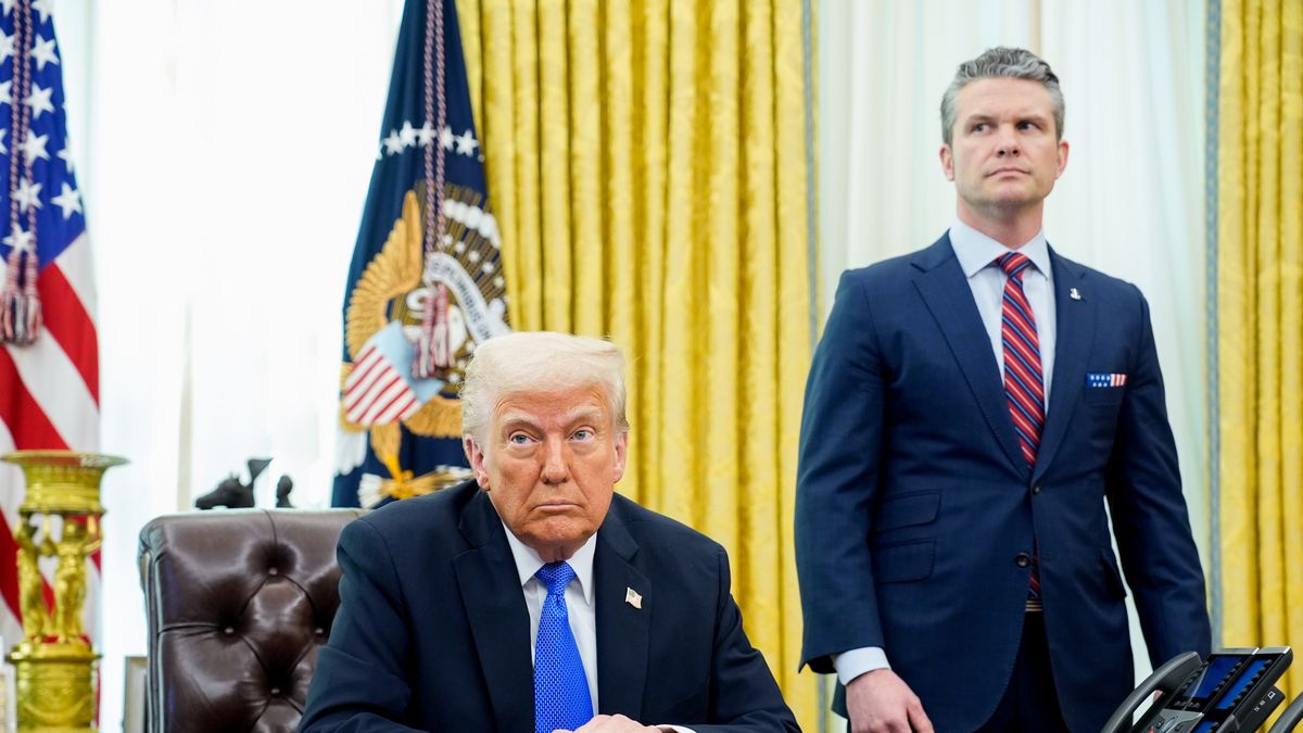 US President Donald Trump, left, and Pete Hegseth, US secretary of defense, in the Oval Office of the White House in Washington, DC, US, on Friday, March 21, 2025. Boeing Co. won a contract to design and build the US's next-generation fighter jet, beating out rival Lockheed Martin Corp. for the multibillion dollar contract, according to people familiar with the situation. Photographer: Yuri Gripas/Abaca/Bloomberg via Getty Images