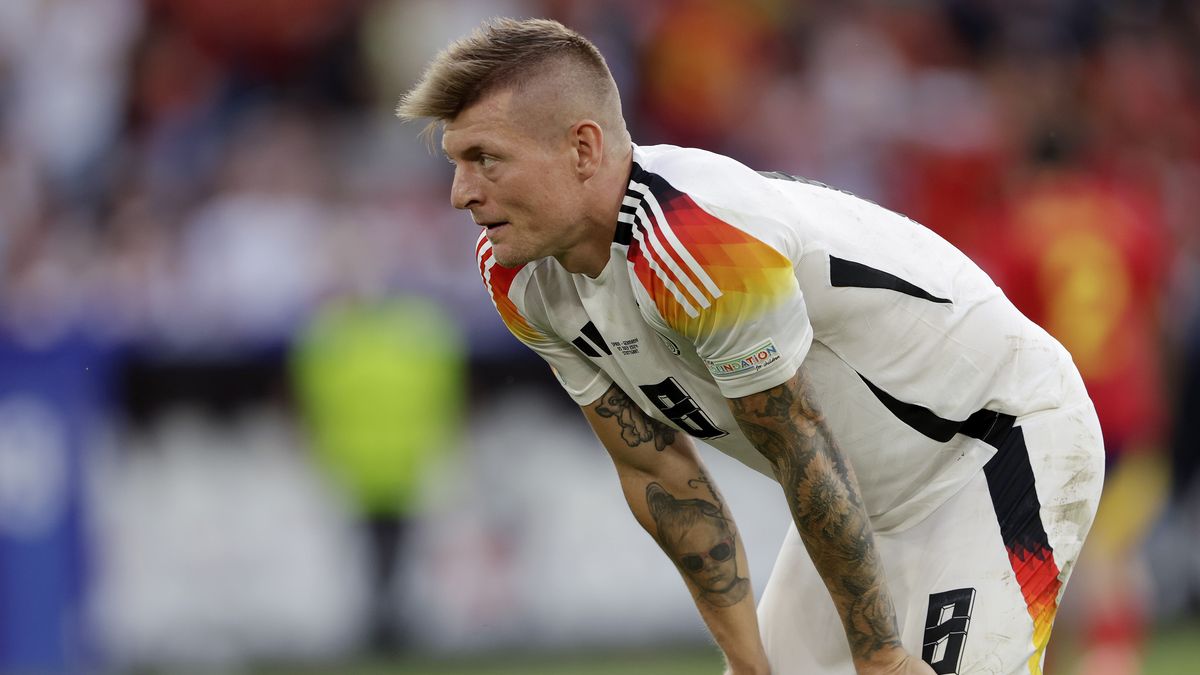 STUTTGART, GERMANY - JULY 5: Toni Kroos of Germany disappointed  during the  EURO match between Spain  v Germany  at the Mercedes Benz Arena on July 5, 2024 in Stuttgart Germany (Photo by Rico Brouwer/Soccrates/Getty Images)