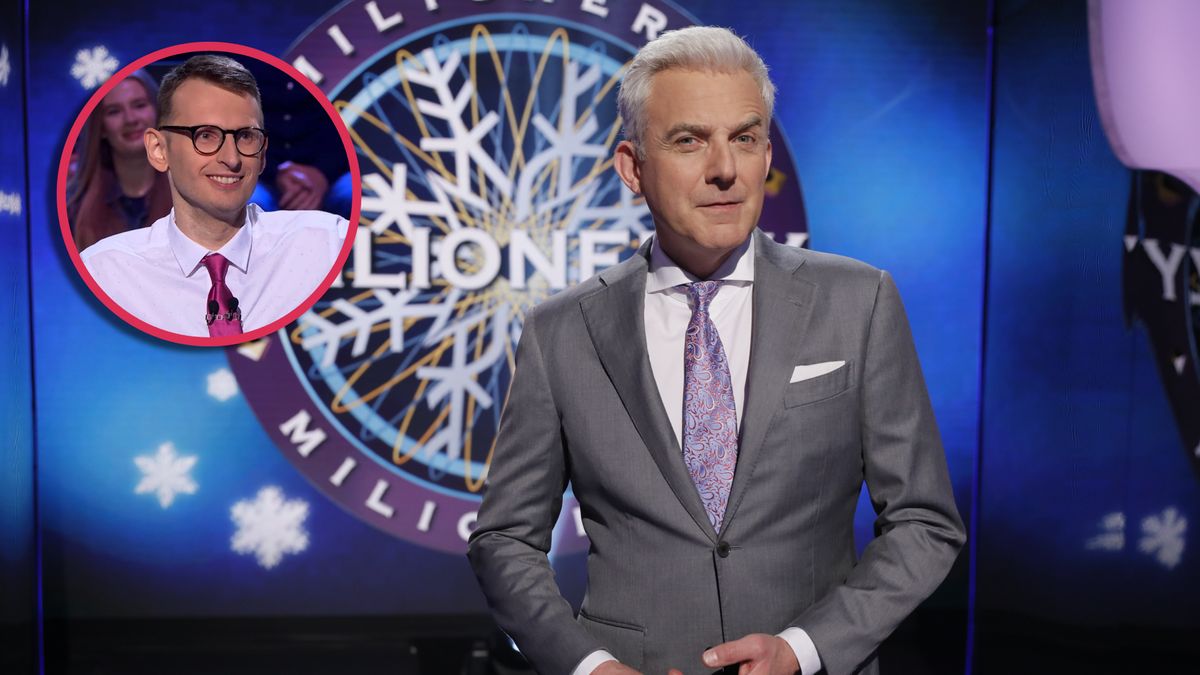 Na zdjęciu Hubert Urbański na tle logo "Milionerzy". Obok niego nałożone zdjęcie Tomasza Orzechowskiego