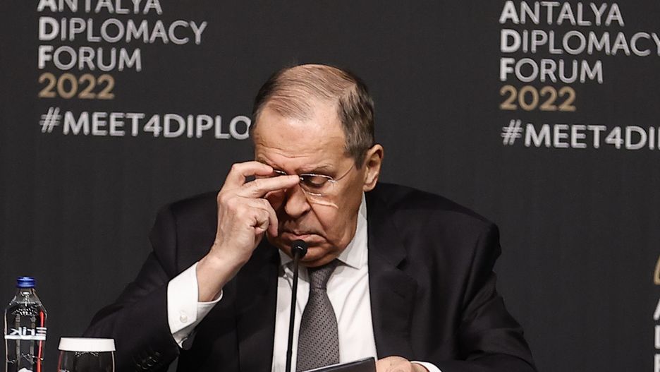 ANTALYA - TURKIYE - MARCH 10: Russian Foreign Minister Sergey Lavrov holds a press conference after Russia-Turkiye-Ukraine tripartite Foreign Ministers meeting at the Antalya Diplomacy Forum in Antalya, Turkiye on March 10, 2022. (Photo by Mustafa Ciftci/Anadolu Agency via Getty Images)